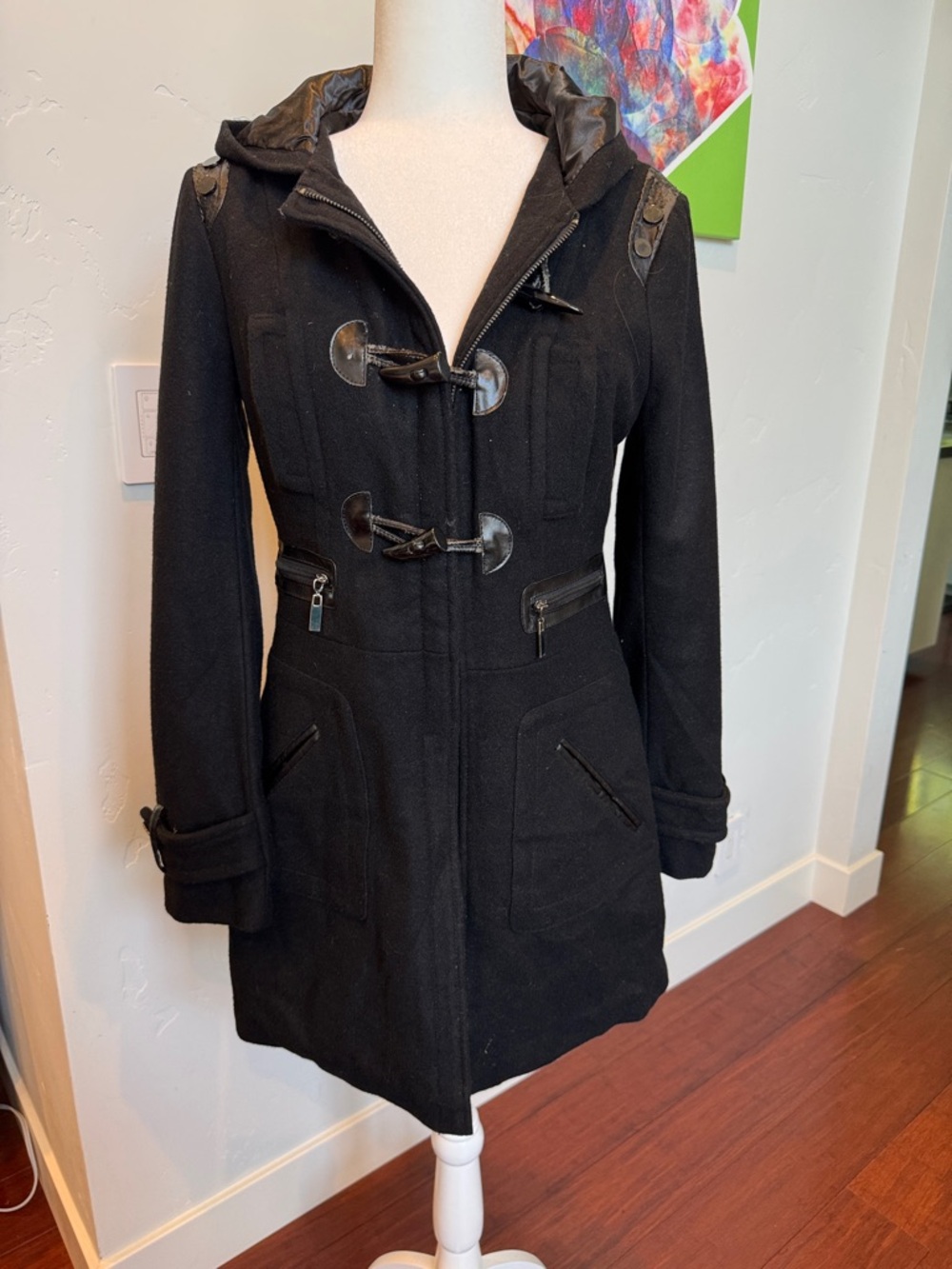 blanc noir Black Hooded Toggle Pea Coat flawed